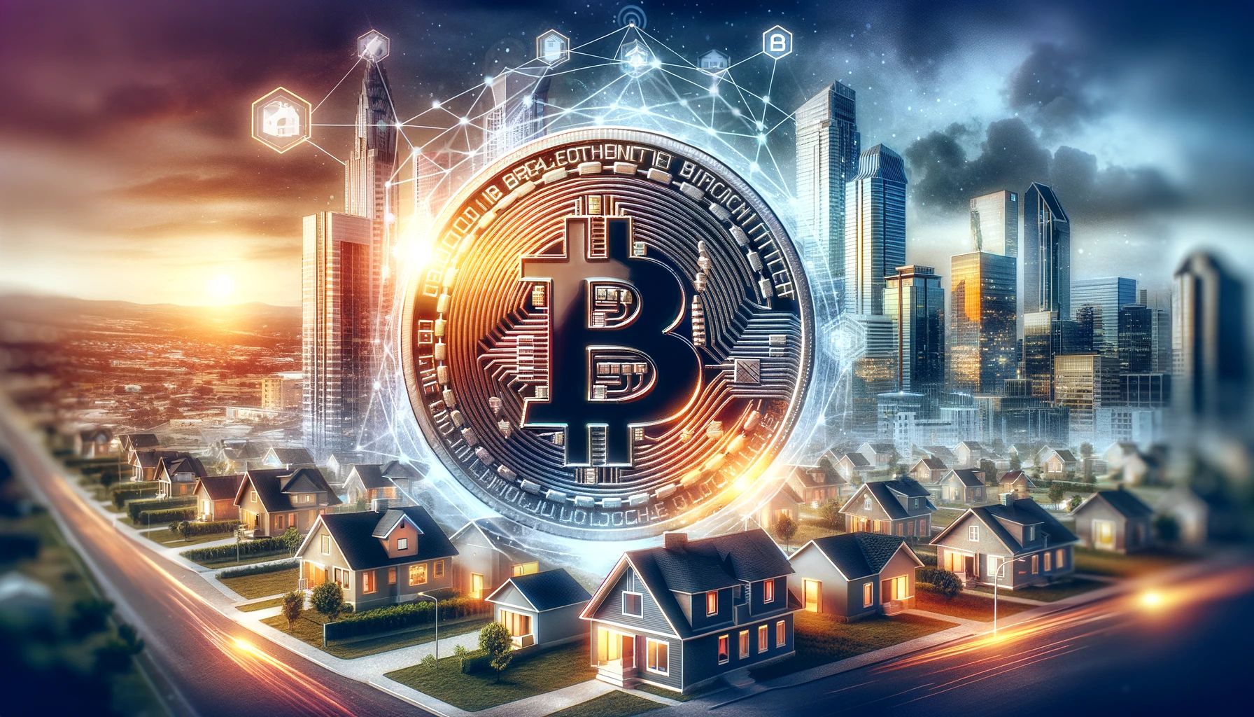 The blockchain and homes on a neighborhood block, connected by RealOpen