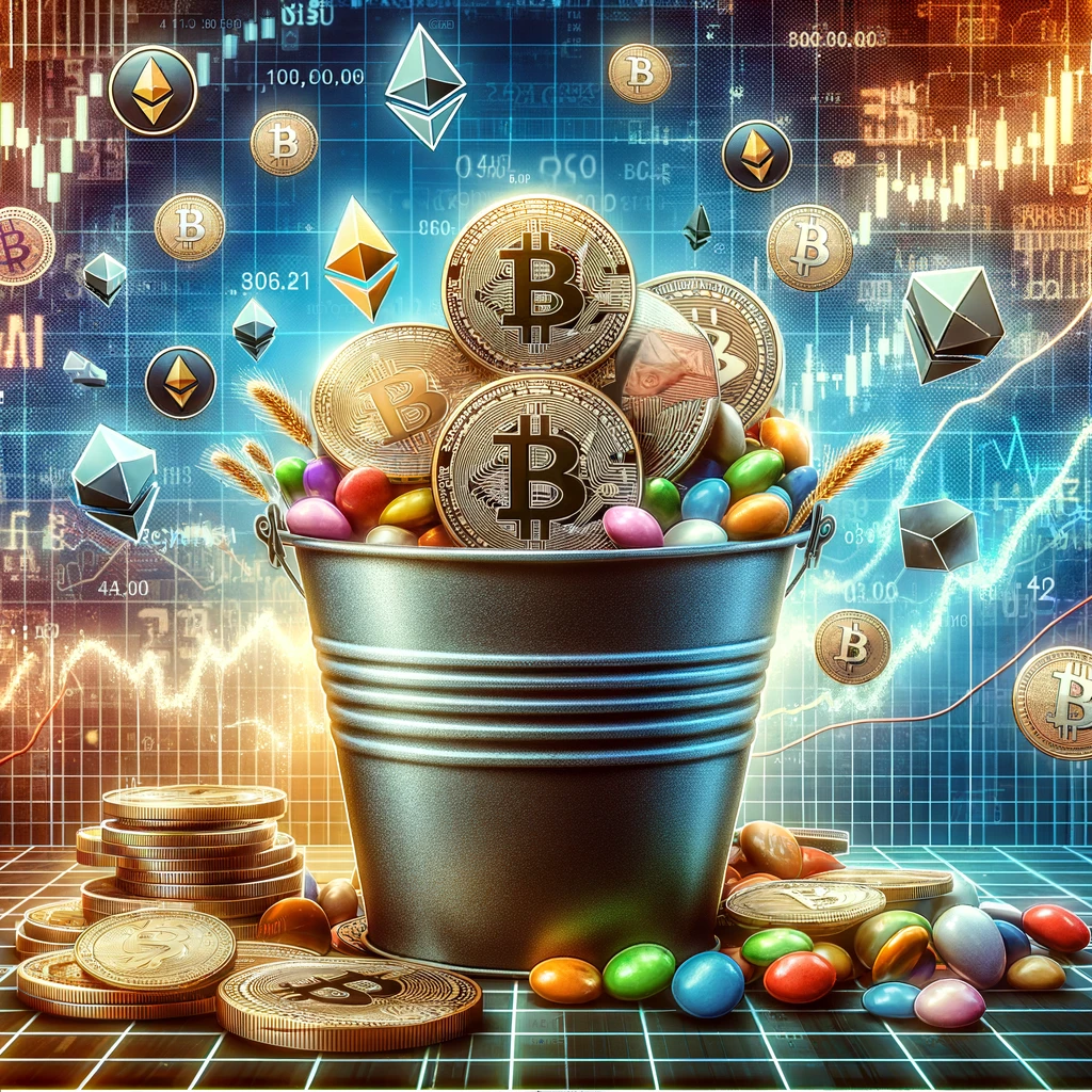A bucket of crypto and candy - Bitcoin, Ethereum, and chocolate